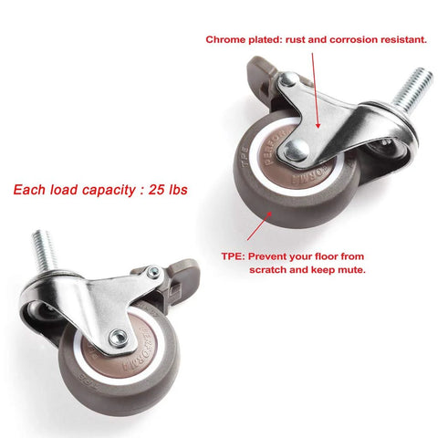 Mini 1 Inch Swivel Threaded Stem Casters M6x15mm With TPE Quiet Wheels, chrome plated, 99 lb capacity, close-up of caster design