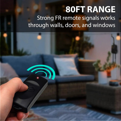 Person using Outdoor Wireless Remote Control Outlet With Two Plugs, Battery Powered Remote, No Wiring Required, Control Indoor Or Outdoor Lights From Up To 100 Feet, Expandable, Grounded And ETL Listed, in a garden setting with seating.