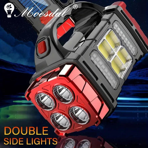 Close-up of Solar Flashlight With USB C Rechargeable Power Bank, Waterproof LED Work Light And Lantern with double side lights.