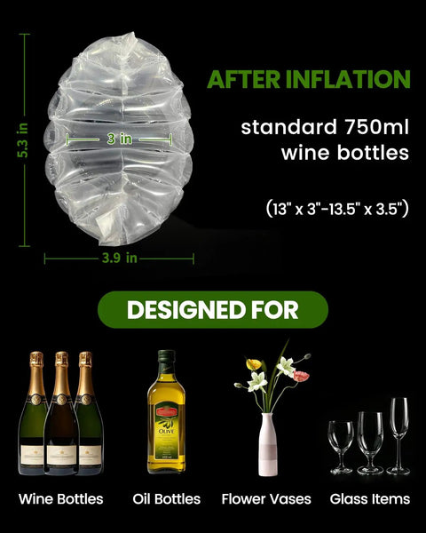 Wine Travel Protector Bags With Quick Inflation Sleeve And Bubble Wrap Bottle Cushioning Upgraded Air Pump Reusable Single Valve Durable Nine Layer Wrap For Long Trips Shipping Or Moving shown inflated to fit standard 750ml bottles.