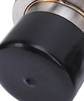 Close-up of 2Pcs Boat Trailer Bearing Protectors With Covers, stainless steel center grease caps, focus on black cover.