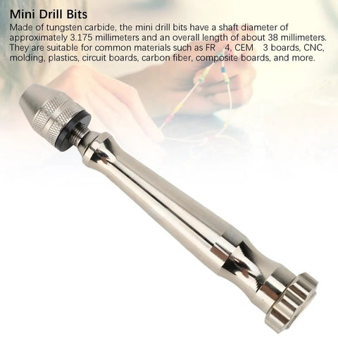 Needle Nose Hand Drill Kit With PCB Mini Drill Bits, aluminum hand drill set against background of hands holding thread