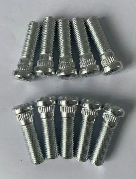 Heavy Duty Ten Piece Wheel Stud Set Built From Bombproof Class 12.9 Steel With 7/16-20 Threads And.472 Inch Knurl shown in silver finish.