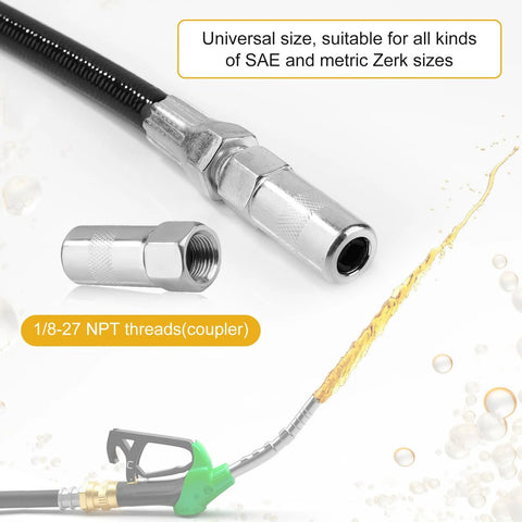 Close-up of chrome grease gun hose coupler and 18-inch flex hose with 1/8-27 NPT threads.