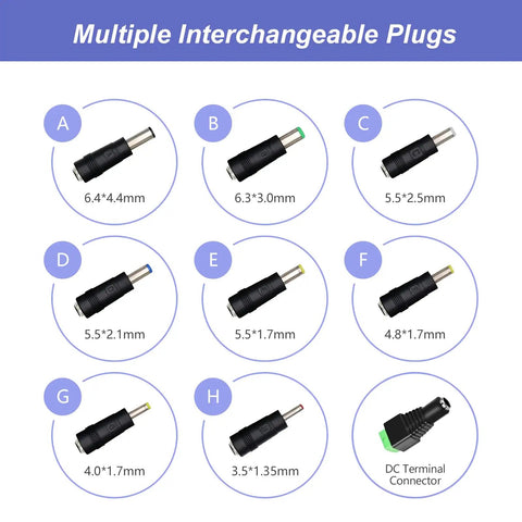 Multiple interchangeable jacks for Go-To 12V 1A 12W Universal AC DC Power Adapter, including 5.5x2.1mm plug, labeled A-H