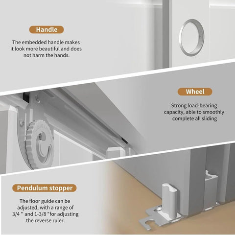 Features of the Bypass Sliding Door Hardware Kit 84 Inch Track Set For Two Door Wardrobe Closet System in galvanized steel.