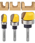 Three Pack Half Inch Shank Carbide Round Nose Groove Router Bits Set With Ball Bearing Engraving Head For Woodworking And Carving Projects Pro Grade Planing And Cutting Tool Essentials displayed with groove samples.