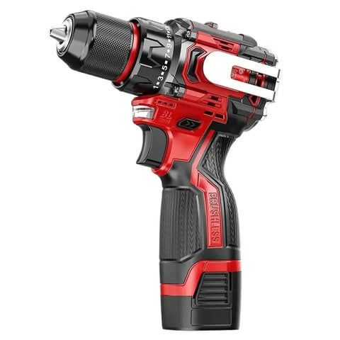 Heavy Duty Brushless Impact Driver Cordless Electric Drill with Rock Solid Metal Ratchet Chuck side view showcasing ergonomic grip.