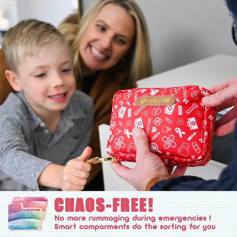 Family Friendly First Aid Kit With 200 Essentials For Kids, Travel Ready In A Compact Storage Bag being handed to a child
