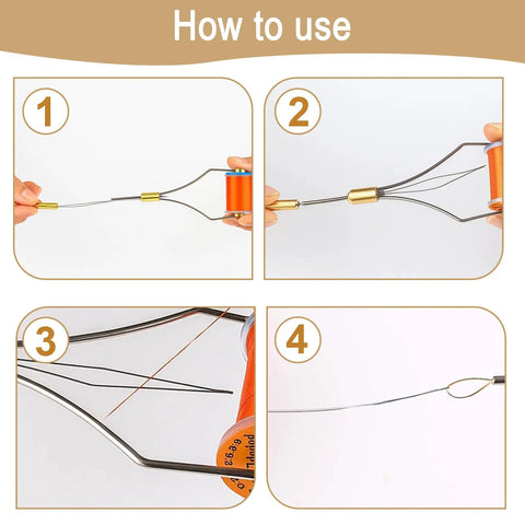 Instructional image showing how to use the Fly Tying Bobbin Set With Stainless Steel Threader And Ergonomic Handle for fishing