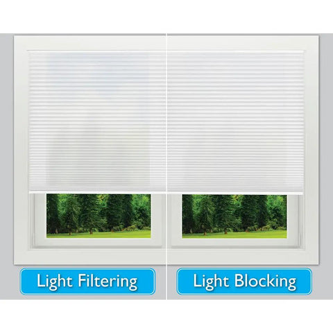 No Tools Cordless Pleated Light Blocking Window Shade with Easy Lift Trim At Home White 36 Inch Wide by 64 Inch Long in window