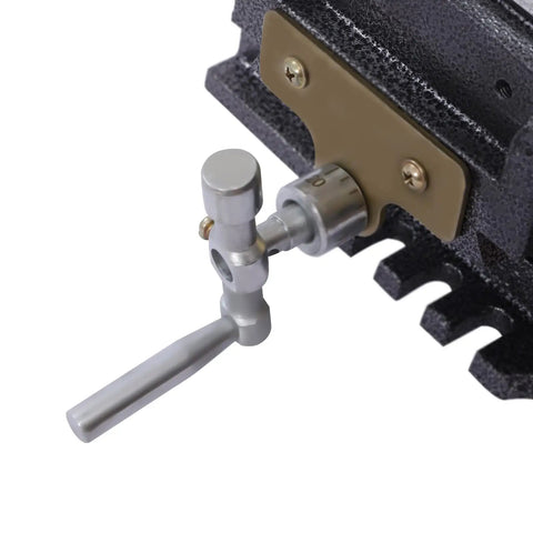 Close-up of the adjusting handle of the Heavy Duty Cross Slide Drill Press Vise 5 Inch X Y Machine Vice with cast iron body.