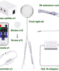 Linkable Under Cabinet LED Puck Lights 12V Slim Aluminum Dimmable Kit accessories, including 6-way splitter and remote.
