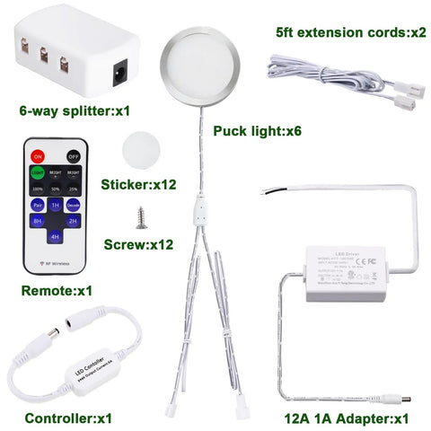 Linkable Under Cabinet LED Puck Lights 12V Slim Aluminum Dimmable Kit accessories, including 6-way splitter and remote.