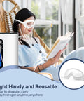 Woman using 2-In-1 Hydrogen Inhalation And Eye Care Mask, relaxing while reading, highlighting the hydrogen breathing accessory.