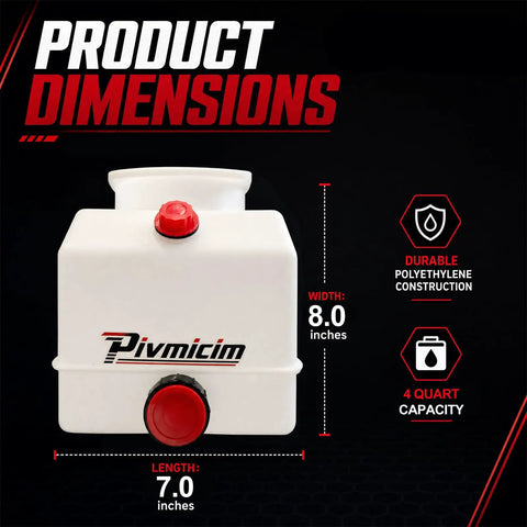 Heavy Duty 4 Quart Poly Hydraulic Power Unit Reservoir Tank dimensions with 7 inch length and 8 inch width for trucks and trailers.