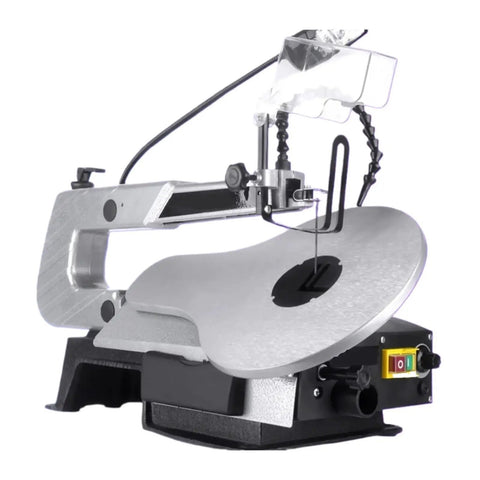 Kicker Desktop Jigsaw Saw Boasting A Kickass 150 Watt Motor Plus Roomy Fourteen Inch Work Area For No Sweat Wood Crafting Diy Project Assembly And Darn Fine Precision Carving Anytime, close-up view of saw.
