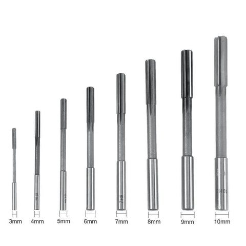 Front view: eight-piece HSS chucking reamer set with straight shanks, 3–10 mm for drilling and milling machines