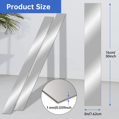 Two brushed stainless steel gap filler trim strips, 30 x 3 x 0.04 in (1 mm), for home use