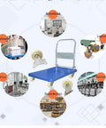 Rock Solid Heavy Duty 8 And 12 Inch Nylon Swivel Casters With Secure Wheel Locks Iron Core Build on blue cart in various settings.
