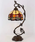 Red Tiffany Style Stained Glass Tulip Table Lamp With Bronze Metal Leaf Base, 21 Inch Tall Reading Desk Light For Small Spaces