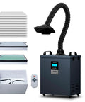 Heavy Duty Laser Welding Fume Extractor Packed With Dual Carbon Filters And Four Stage Air Purification For Serious Soldering And Engraving Workbenches Built Different with flexible arm and filters.