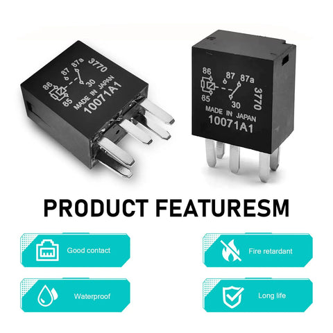Heavy Duty 12V 5 Pin 30A Automotive Fuel Pump Relay Two Piece Set showing side view and features like waterproof and fire retardant.
