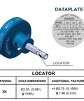 JRready P202S Crimping Insert Positioner For 20 Gall Mil Standard Contacts showing locator dimensions and material specifications.