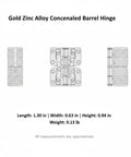 Gold Zinc Alloy Concealed Barrel Hinge For Jewelry Boxes And Cabinets, diagram view, corrosion resistant gold finish