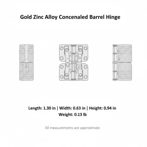 Gold Zinc Alloy Concealed Barrel Hinge For Jewelry Boxes And Cabinets, diagram view, corrosion resistant gold finish