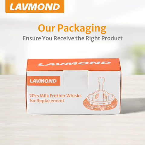 Packaging box for 2-piece milk frother whisks replacement by Lavmond, compatible with Aeroccino 3/4/Plus models.