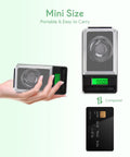 Pro Grade Ultra Precision Digital Scale 50g Capacity With 0.001g Readout in hand next to credit card for size comparison