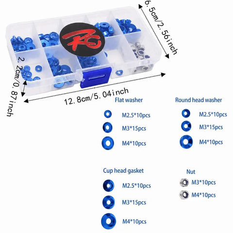 RC Car Hardware Fastener Kit With M2.5 M3 M4 Flat And Round Head Washers And Nuts, Assorted Screws And Washers In A Clear Storage Box, Great For 1/8 And 1/10 Scale RC Cars, Blue, 128x65x22 mm