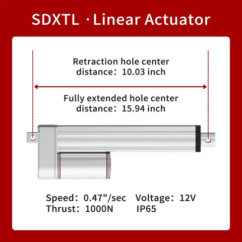Diagram of SDXTL linear actuator with speed, voltage, and thrust details, showcasing retraction and extension distances.