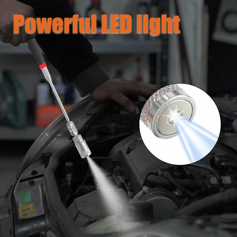 4 Piece Magnetic Telescoping Pick Up Tool Set With Extendable Rods 3 Lb 8 Lb And 20 Lb Magnets shown in use with LED light