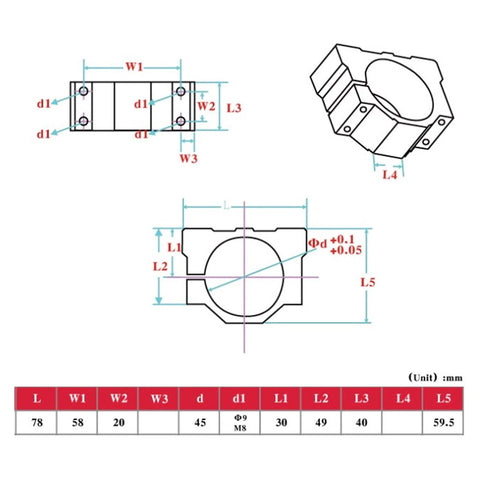 Detailed dimensions for 45mm CNC motor bracket with measurements for precise mounting.