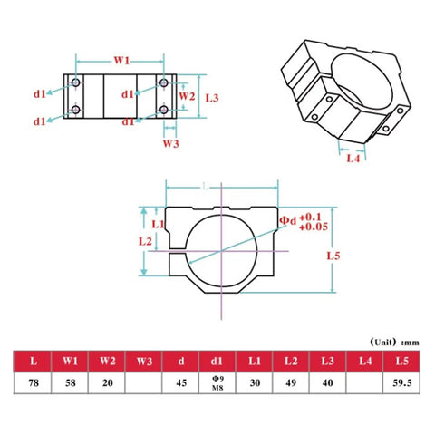 Boss Level Slick Aluminum Alloy Spindle Clamp Motor Bracket With 45mm Opening detailed technical drawing and dimensions.