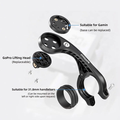 Out Front Bike Computer Mount For Garmin Edge XOSS G iGPSPORT And More With GoPro Adapter Fits 31.8mm To 35mm Handlebars diagram