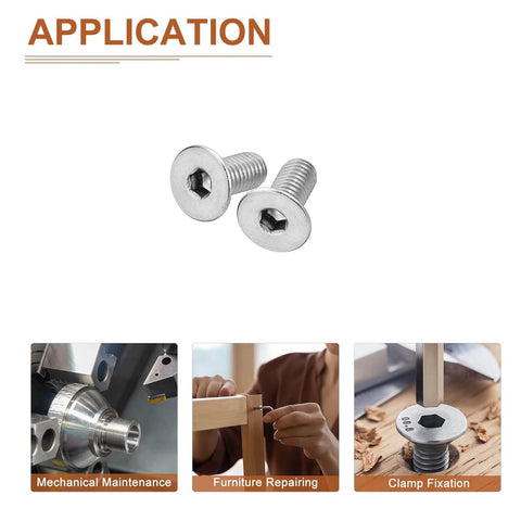 M5 0.8 X 12mm Flat Head Socket Cap Screws Set, 25 Pack, 304 Stainless Steel, shown with example applications for machinery and woodworking