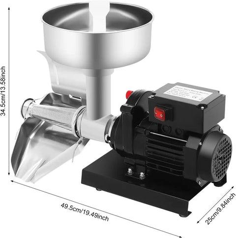 Heavy Duty Electric Tomato Strainer 450W Stainless Steel Sauce Maker with large funnel and black motor, designed for efficient food processing.