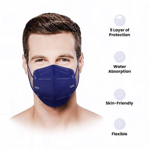 Man wearing KN95 Face Mask 60 Pack Individually Wrapped 5 Ply Breathable Multicolor Masks For Adults With Adjustable Nose Clip And Flexible Ear Loops Comfortable All Day Great For Travel Work And Public Spaces highlighting features