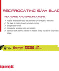 Reciprocating saw blade with specifications and brand logo, Starrett Bi Metal King Cut Fire Rescue and Demolition Reciprocating Saw Blade 8 Inch Length 3 Quarter Inch Width Half Inch Thick Straight Blade 10 to 14 TPI 5 Pack Built for Heavy Duty Metal Wood and Salvage Jobs.