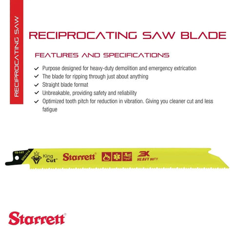 Reciprocating saw blade with specifications and brand logo, Starrett Bi Metal King Cut Fire Rescue and Demolition Reciprocating Saw Blade 8 Inch Length 3 Quarter Inch Width Half Inch Thick Straight Blade 10 to 14 TPI 5 Pack Built for Heavy Duty Metal Wood and Salvage Jobs.