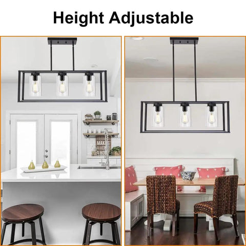 Black Dope 3 Light Modern Dining Pendant Lights For Kitchen Island Cage Linear Hanging Fixture With Glass Shade Contemporary Farmhouse Style For Dining Room And Kitchen showing adjustable height over seating areas.