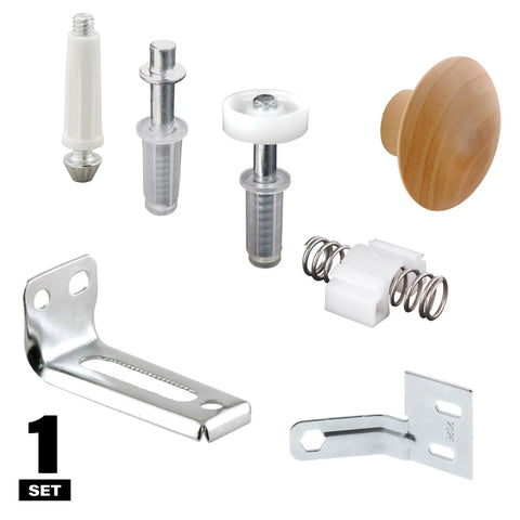 Bi-Fold Door Repair Kit For 7/8 Inch Wide Track And 3/8 Inch Pivots And Guides, including top and bottom pivots, knob, guide wheel.