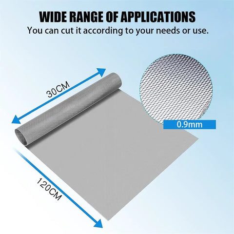 Stainless Steel Air Vent Mesh Screen Sheet 30x120cm Wire Mesh Roll 30 Mesh For Vents Cover, showing dimensions and close-up of mesh.
