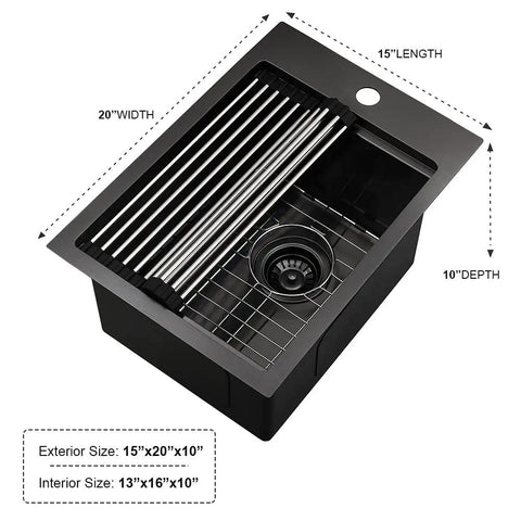 15 Inch Drop-In Bar Sink Workstation With Solid Wood Cutting Board, 16 Gauge Stainless Steel Single Bowl, Outdoor RV Kitchen Prep Sink For Small Spaces, Durable Stainless Bar Basin With Prep Surface, showing measurements.