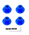 Four blue aluminum flange shaft couplings with 6mm bore and grub screws, includes Allen wrench for RC models