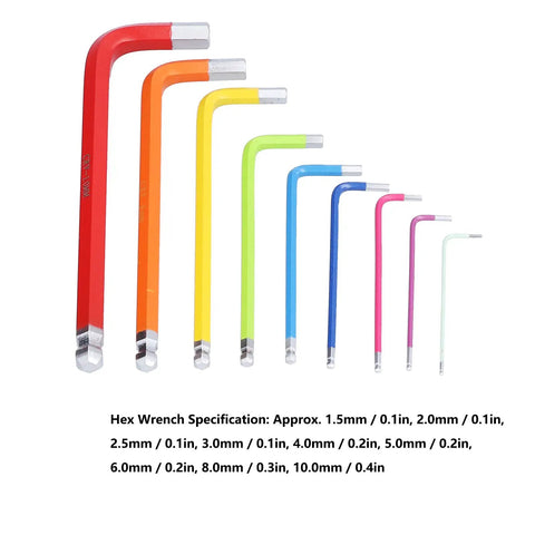 Awesome 9 Piece Colourful Hex Wrench Set With Long Arm Chrome Steel Flat Heads Plus Storage Case For All Your Biking And Home Repair Needs, 1.5-10mm