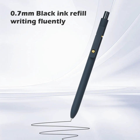 Six Pack Gel Pens 0.7mm Quick Dry Retractable Rollerball Ink Fine Point Smooth Writing Set for Office and School Supplies Black White Gray Great Gift for Women and Men, showing black pen writing on paper.